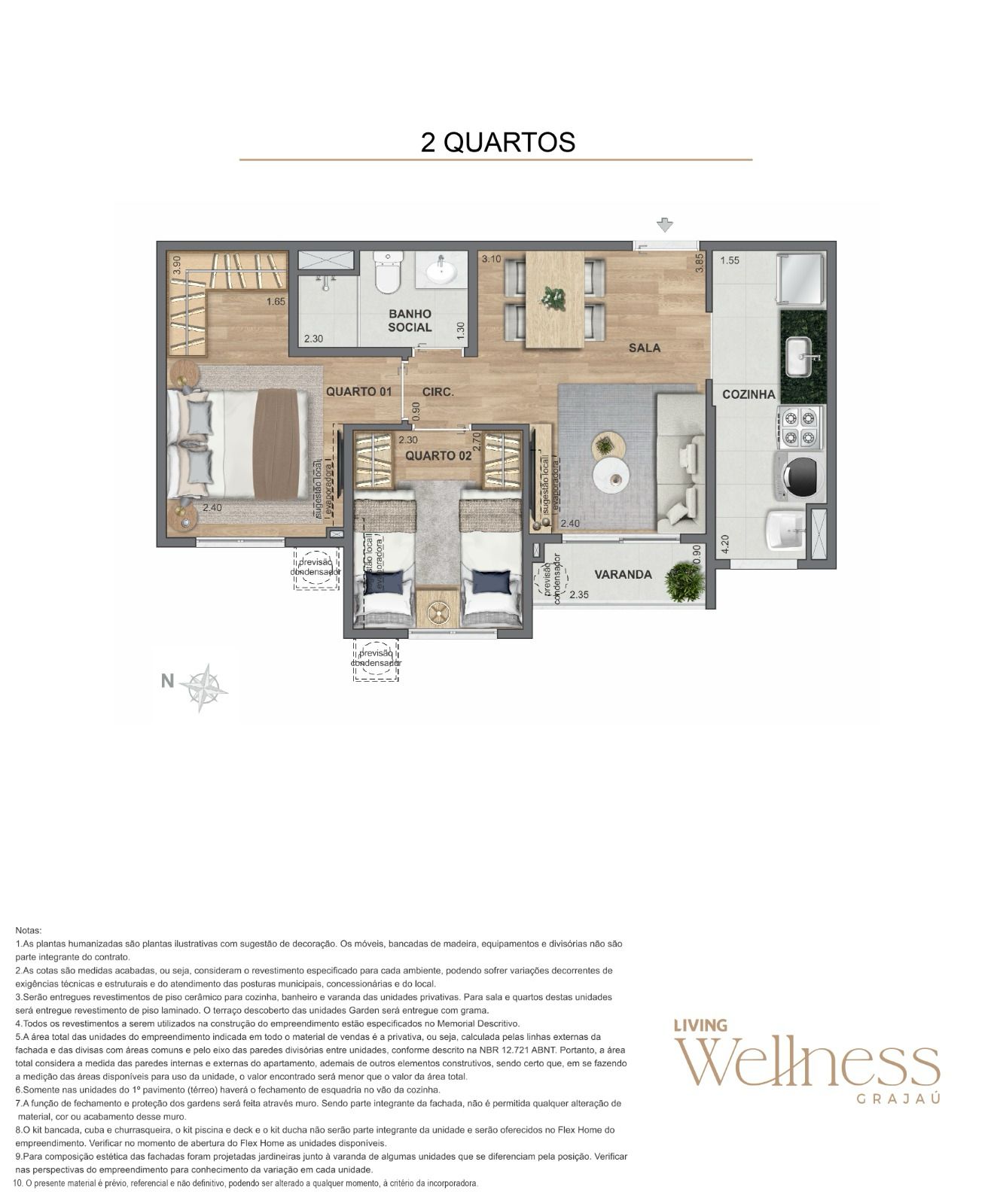 Planta 2 quartos 44m²