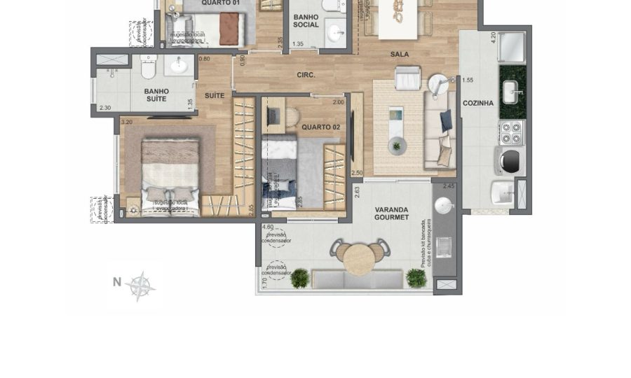 Planta 3 quartos suite 68m²